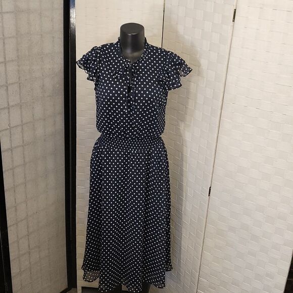 BRAND NEW MSK POLKA-DOT MIDI FIT &FLARE SCUBA NECK CHIFFON DRESS - Picture 5 of 16